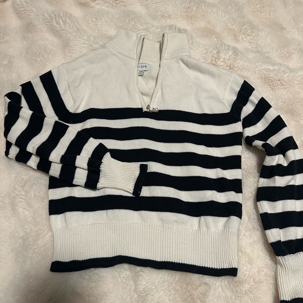J. Crew Black and White Striped Half-Zip Sweater